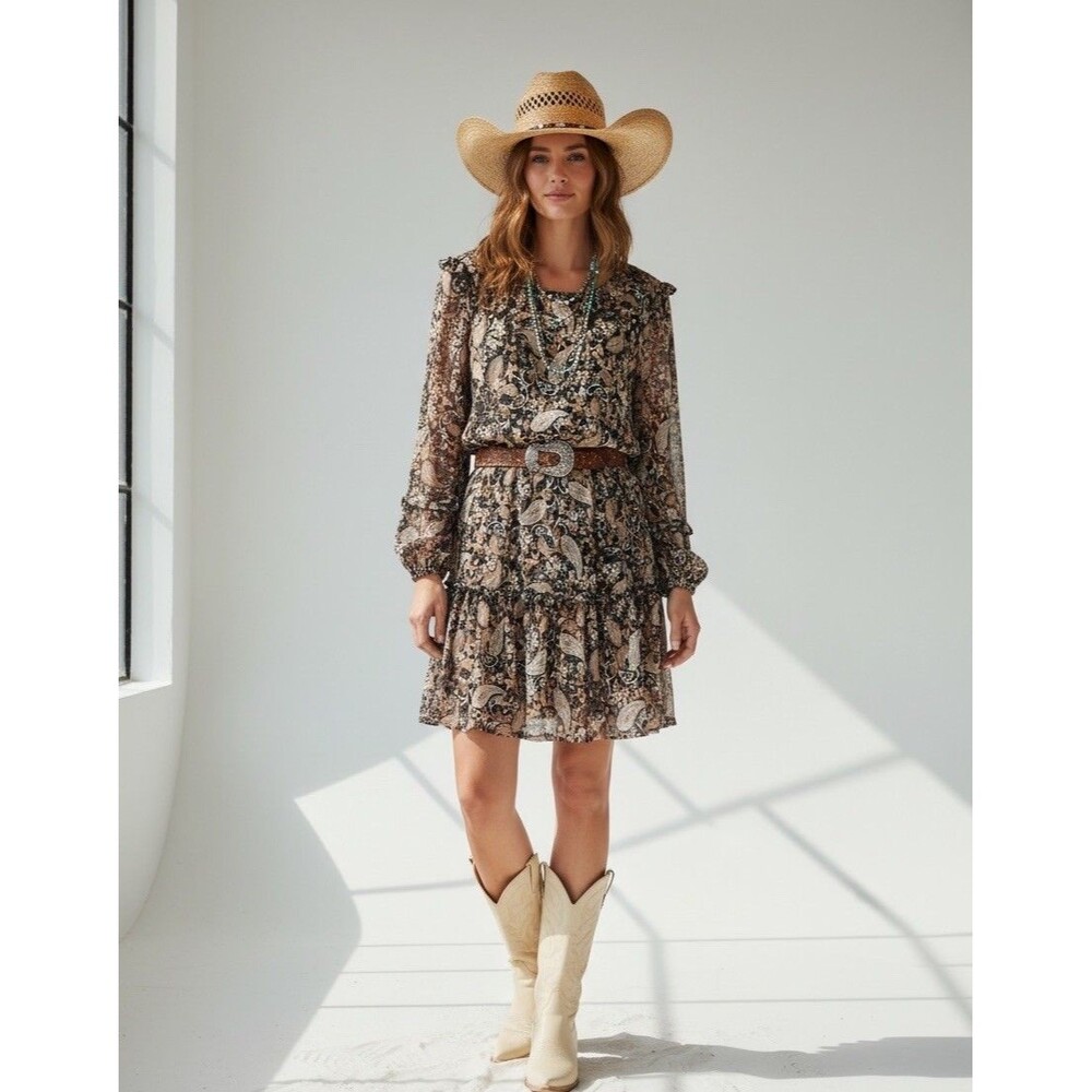 Boho Western Prairie Paisley Gold Foil Mesh Shift Dress Harper 241 Women's M